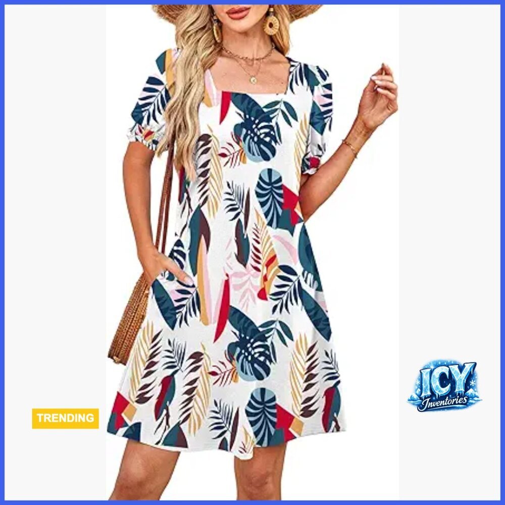 Square Neck Puff Sleeve Dress with Pockets, Casual Summer Dress